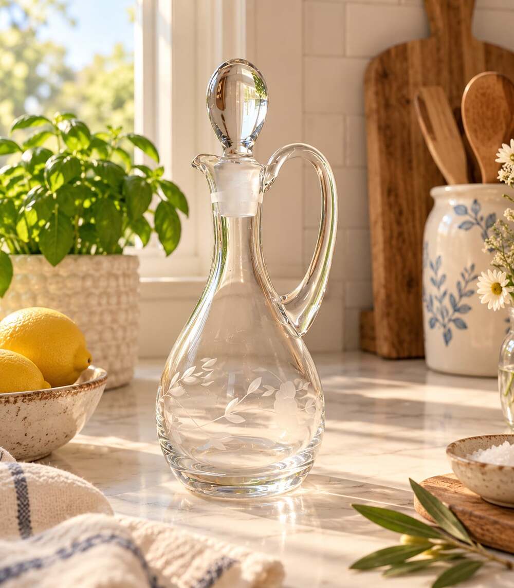 Toscany Etched Floral Glass Decanter with Handle and Stopper Clear